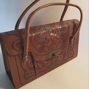 Vtg 60s HAND TOOLED FLORAL signed LEATHER HANDBAG mexico